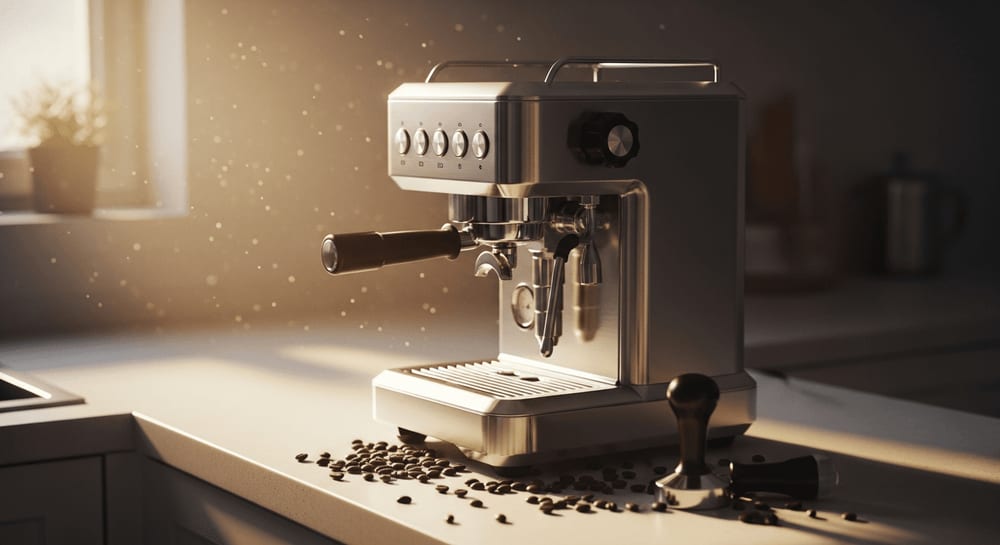 Eleganter Kaffeevollautomat auf einer sauberen Küchentheke mit Sonnenlicht, Kaffeebohnen verstreut