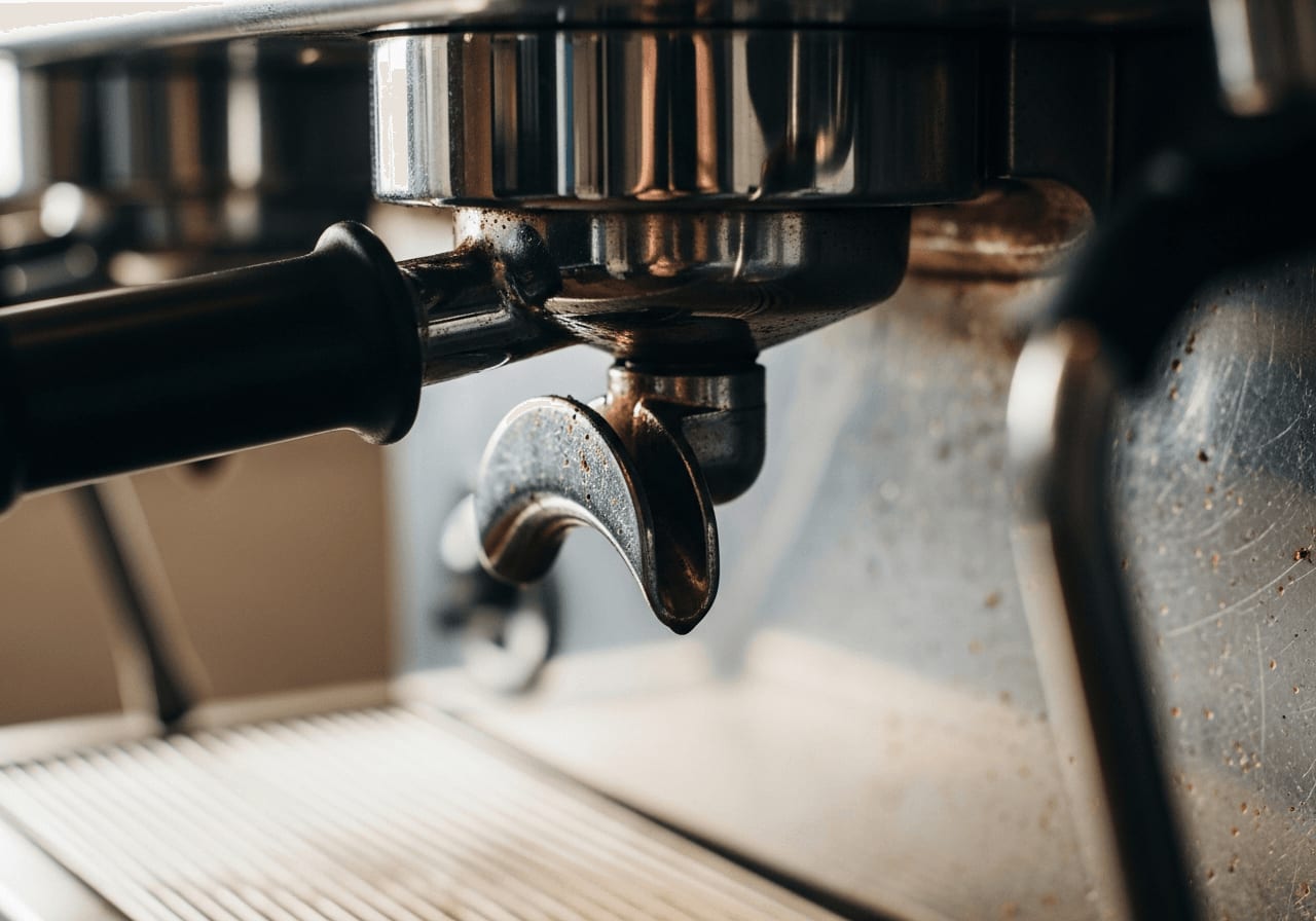 Nahaufnahme der Brühgruppe eines Kaffeevollautomaten, Hervorhebung der komplizierten Teile und möglicher Kaffeeablagerungen