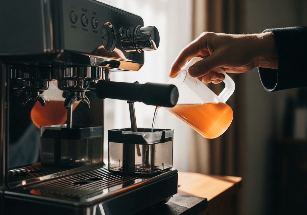 Hand gießt Entkalkungsflüssigkeit in den Wassertank einer Kaffeemaschine