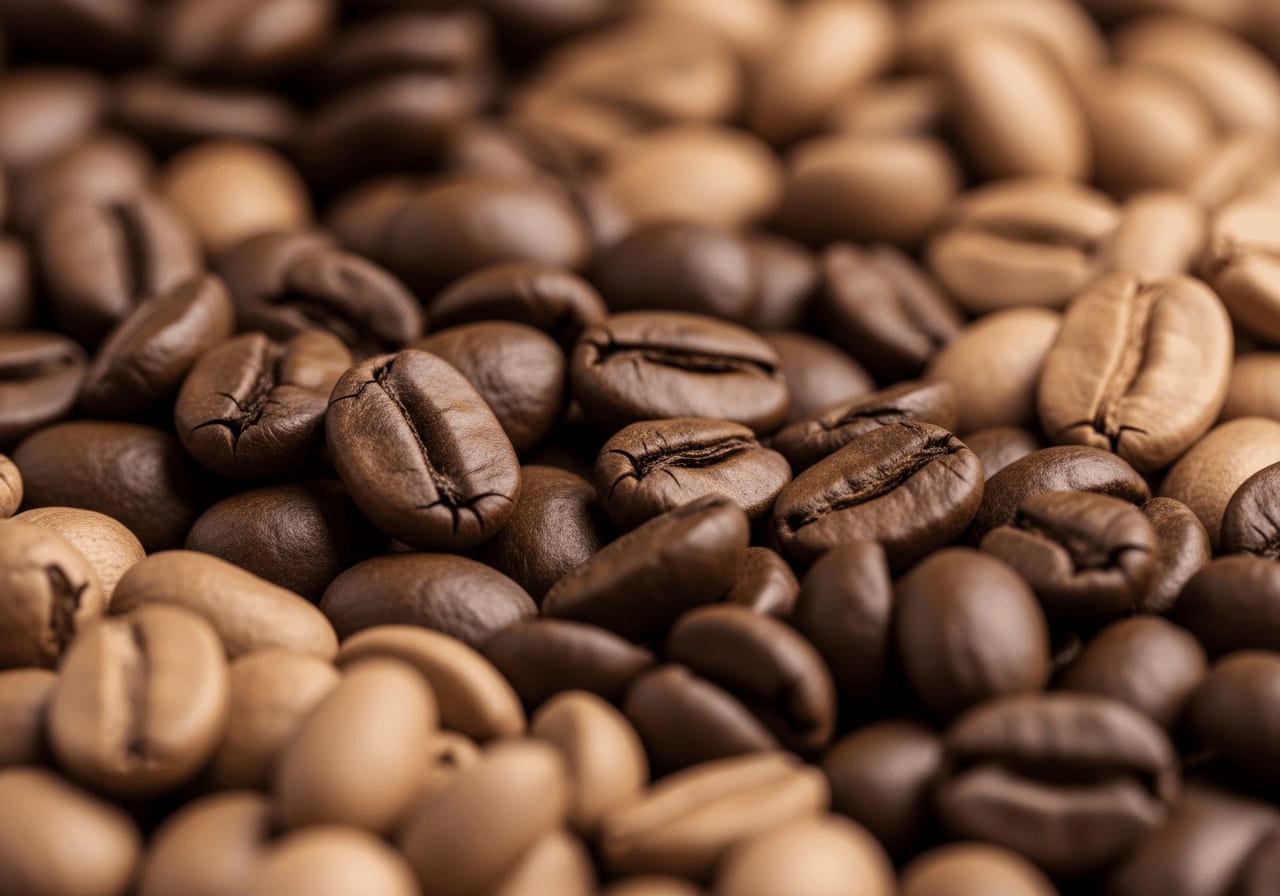 Verschiedene Kaffeebohnensorten mit unterschiedlichen Brauntönen und Texturen