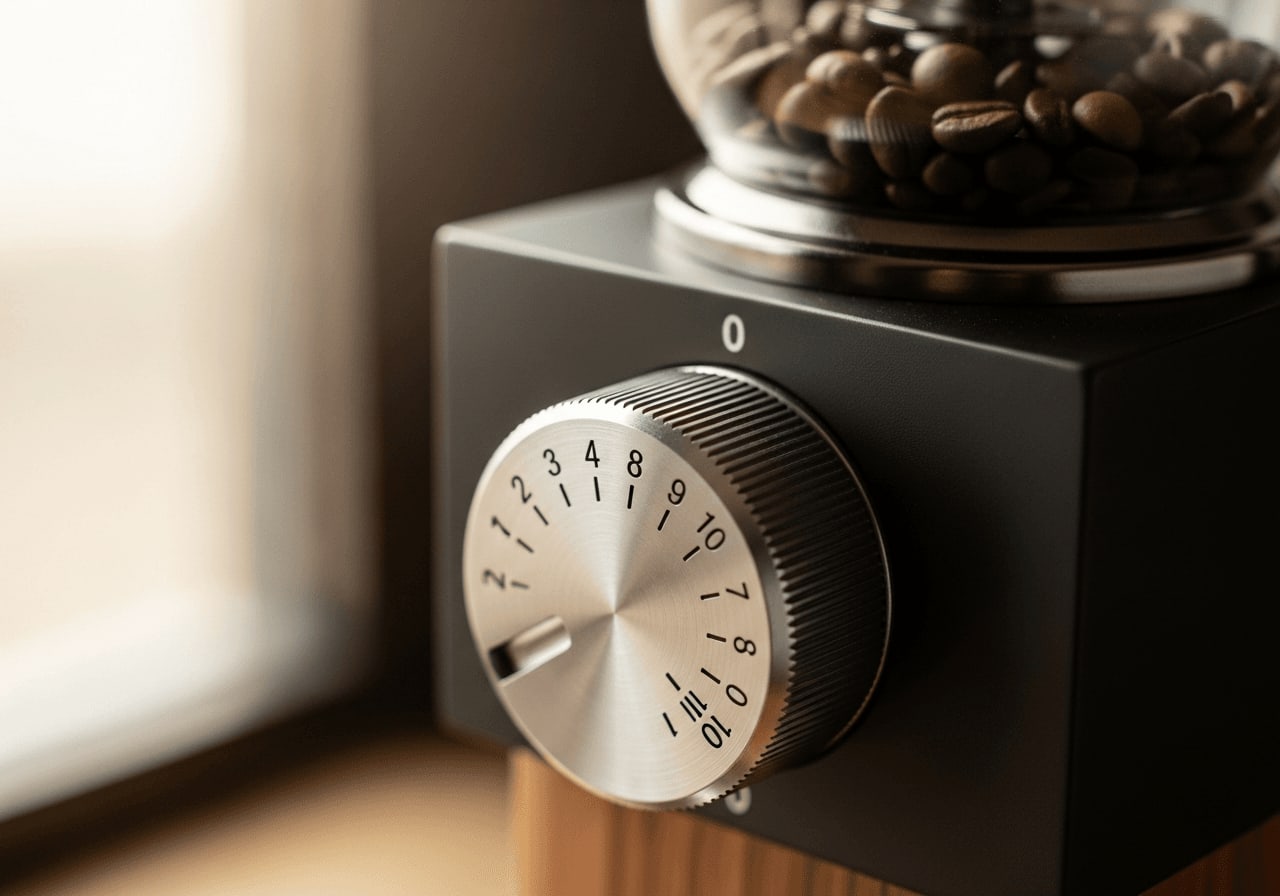 Nahaufnahme einer Kaffeemühle mit verschiedenen Mahlgradeinstellungen