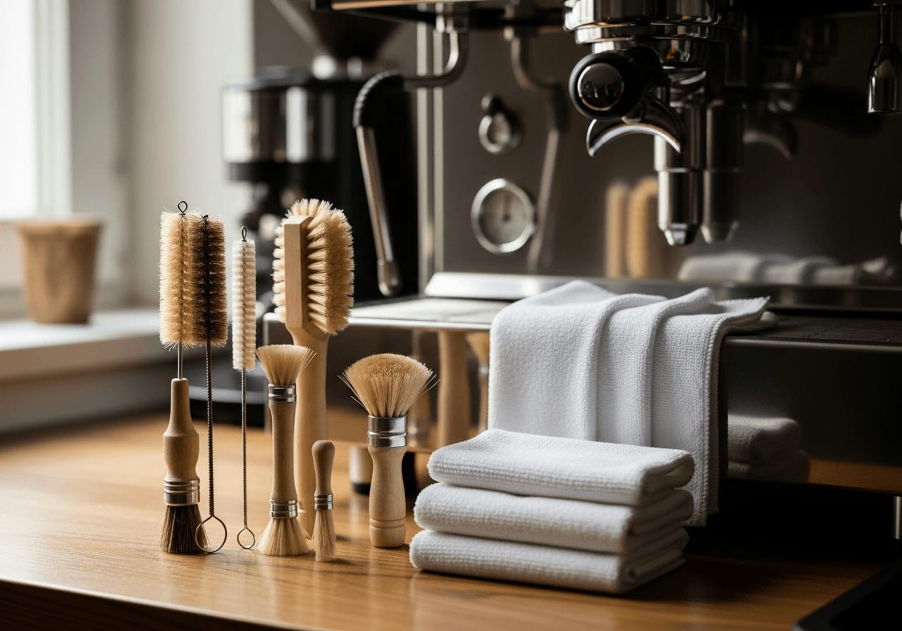 Ein Set von Reinigungswerkzeugen für Kaffeemaschinen, einschließlich Bürsten und Tüchern