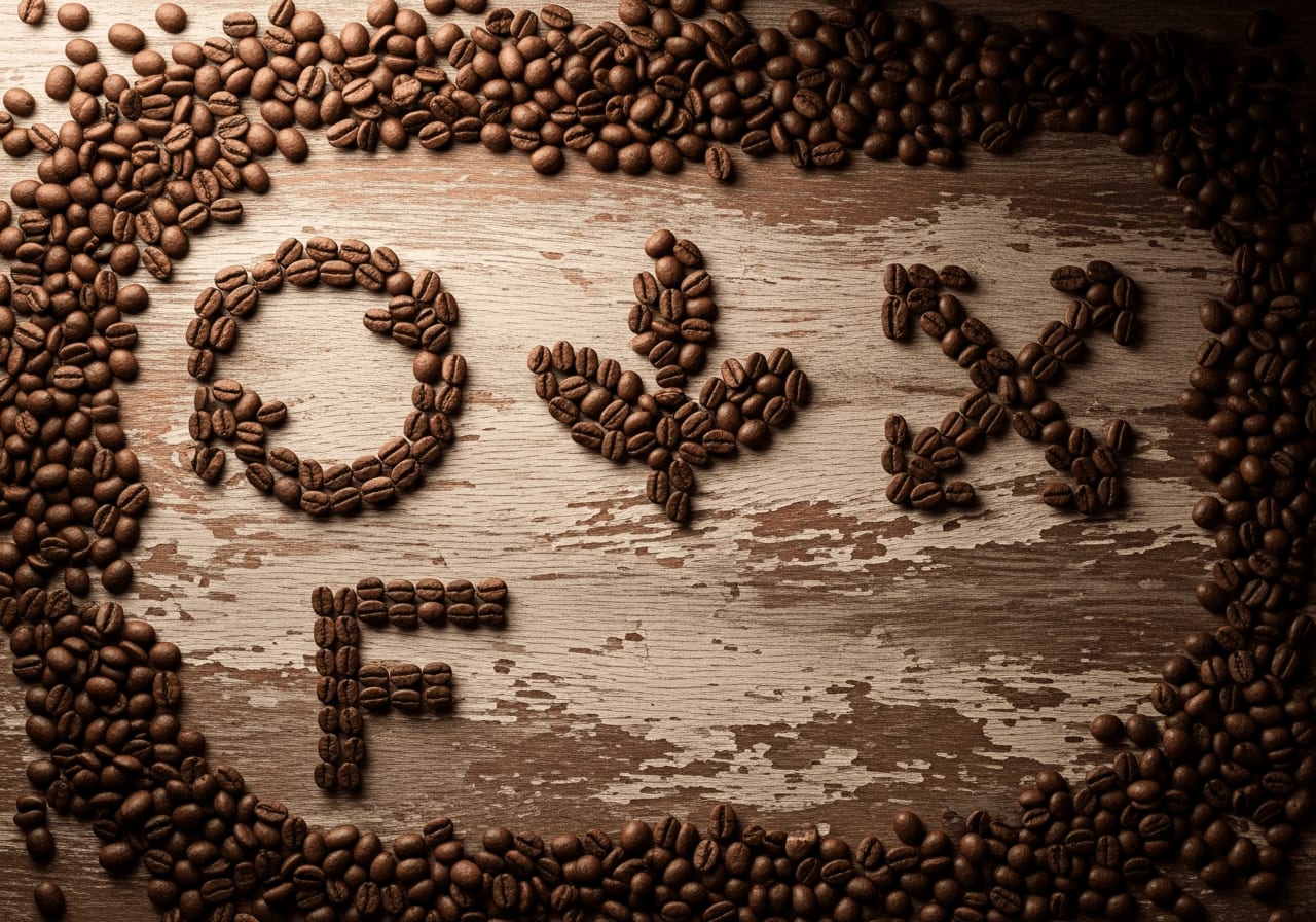 Draufsicht auf Kaffeebohnen, arrangiert mit Fair Trade-, Bio- und Direct-Trade-Symbolen, dunkler Holzgrund