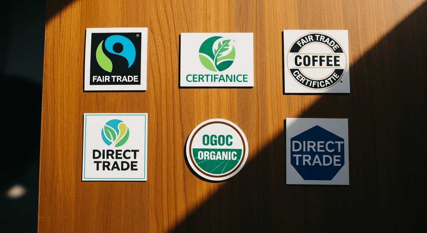 Overhead shot of various coffee certifications logos arranged on a wooden table, including Fair Trade, Organic, and Direct Trade, warm lighting