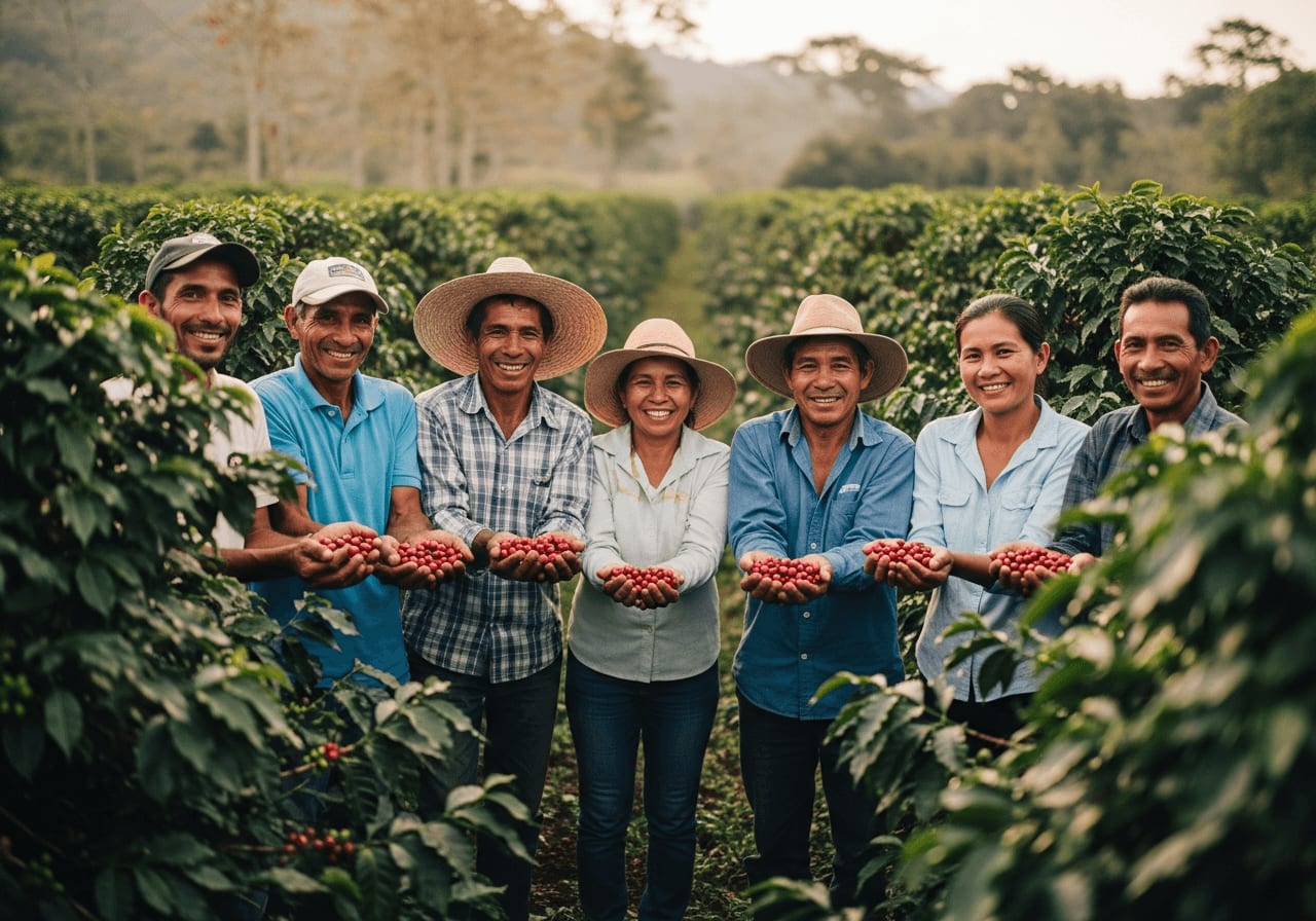 Gruppe von Kaffeebauern, die in einem üppigen grünen Feld stehen, Kaffeebohnen halten und in die Kamera lächeln, im Dokumentarstil