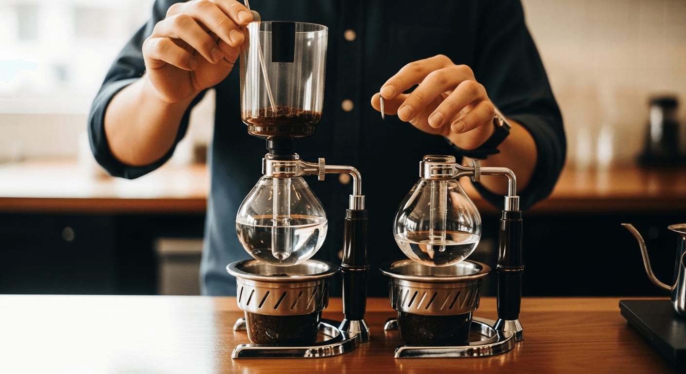 Ein Barista rührt sorgfältig Kaffeepulver in einem Siphon-Kaffeezubereiter um, laborähnliche Atmosphäre, Präzision, weiche Beleuchtung