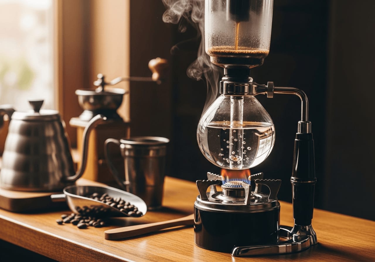 Schritt-für-Schritt-Illustration des Siphon-Kaffeebrühprozesses, klare Grafiken, minimalistisches Design, leuchtende Farben