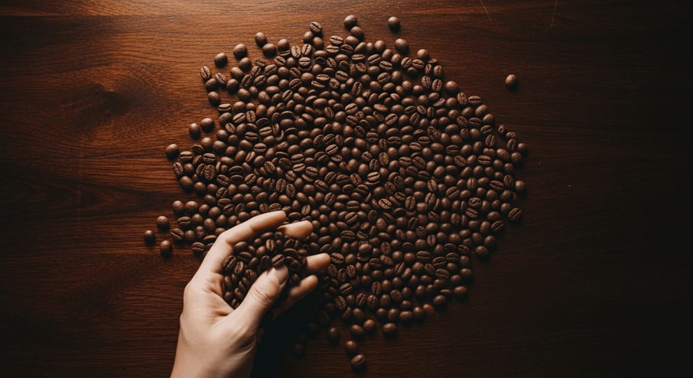 Draufsicht auf Kaffeebohnen, die auf einem dunklen Holztisch verstreut sind, mit einer Hand, die hineingreift, um einige Bohnen aufzunehmen