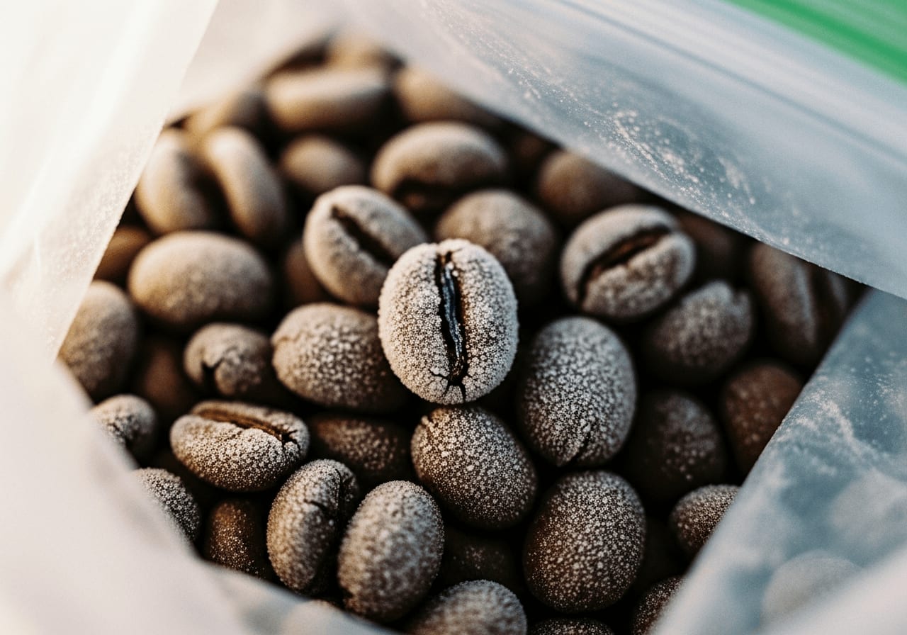 Nahaufnahme von Frost, der sich auf Kaffeebohnen in einem Gefrierbeutel bildet, was auf unsachgemäße Lagerung hindeutet