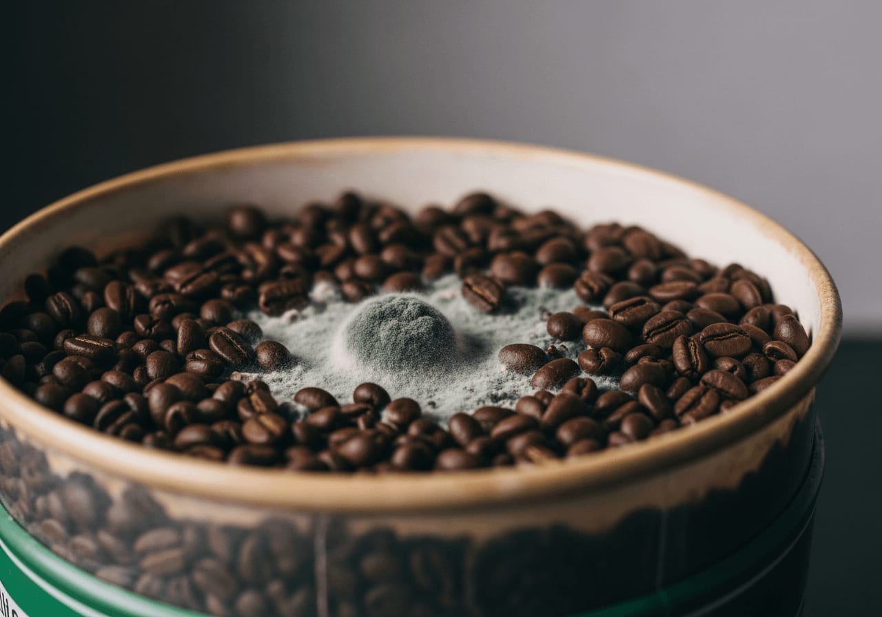 Schimmel, der auf Kaffeebohnen wächst, die in einem feuchten und schlecht verschlossenen Behälter gelagert werden