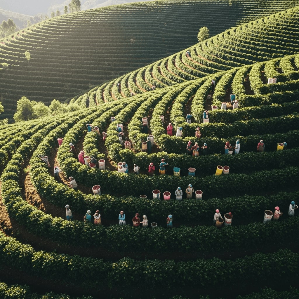 Luftaufnahme einer üppig grünen Kaffeeplantage im Hochland von Äthiopien, Arbeiter ernten Kaffeekirschen, strahlend sonniger Tag