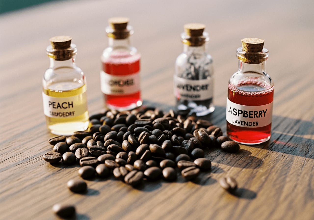 Nahaufnahme von Kaffeebohnen und verschiedenen Fruchtsirups (Pfirsich, Himbeere, Lavendel) in kleinen Glasflaschen, rustikaler Holzhintergrund