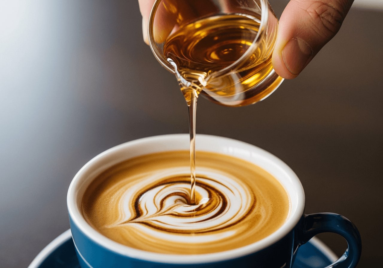 Nahaufnahme einer Hand, die einen klaren, goldenen Sirup in eine Tasse frisch gebrühten Kaffee gießt, wodurch ein schöner Wirbeleffekt entsteht
