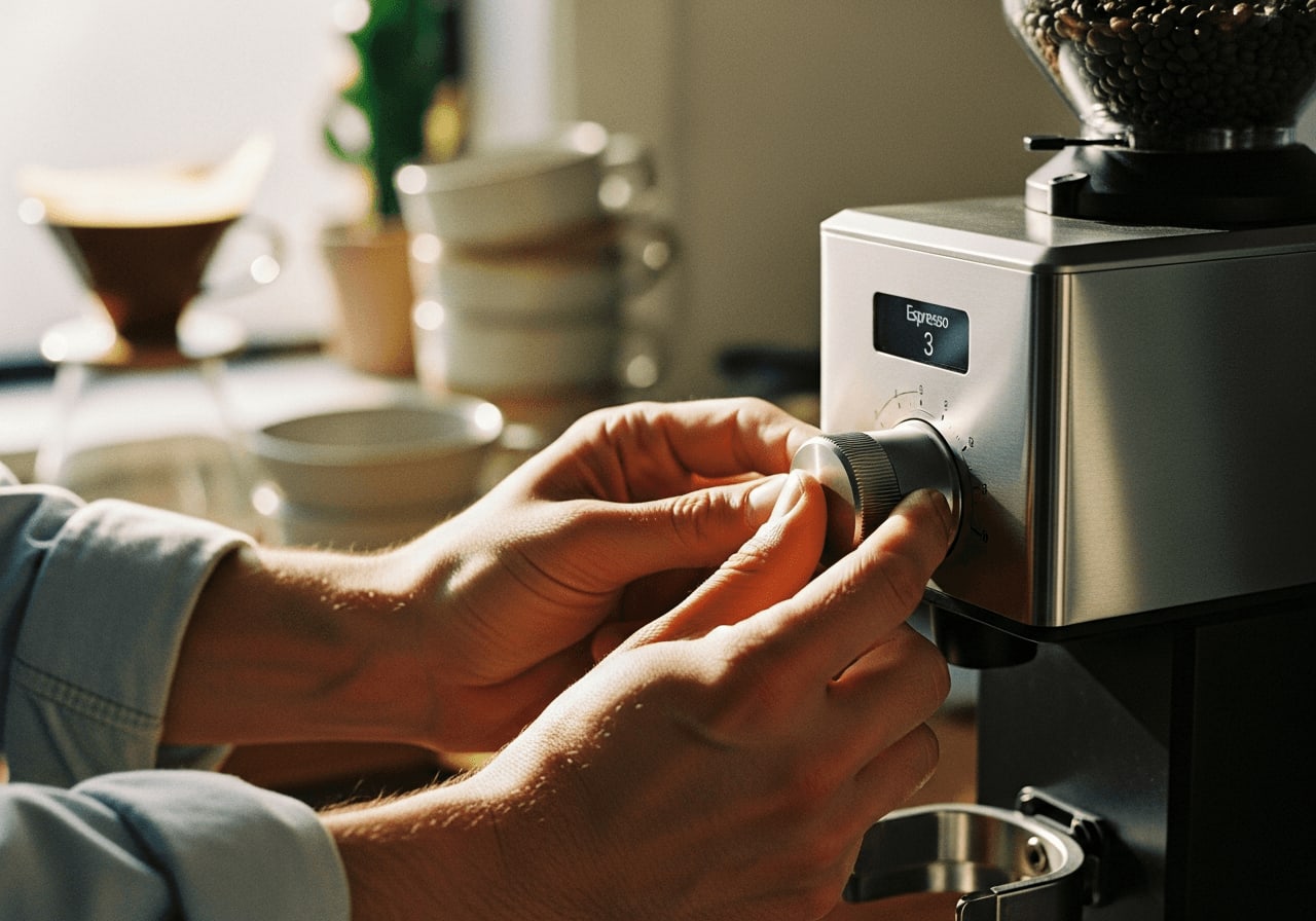 Hände, die die Mahlgradeinstellung an einer smarten Kaffeemühle anpassen, weicher Fokus, warme Beleuchtung