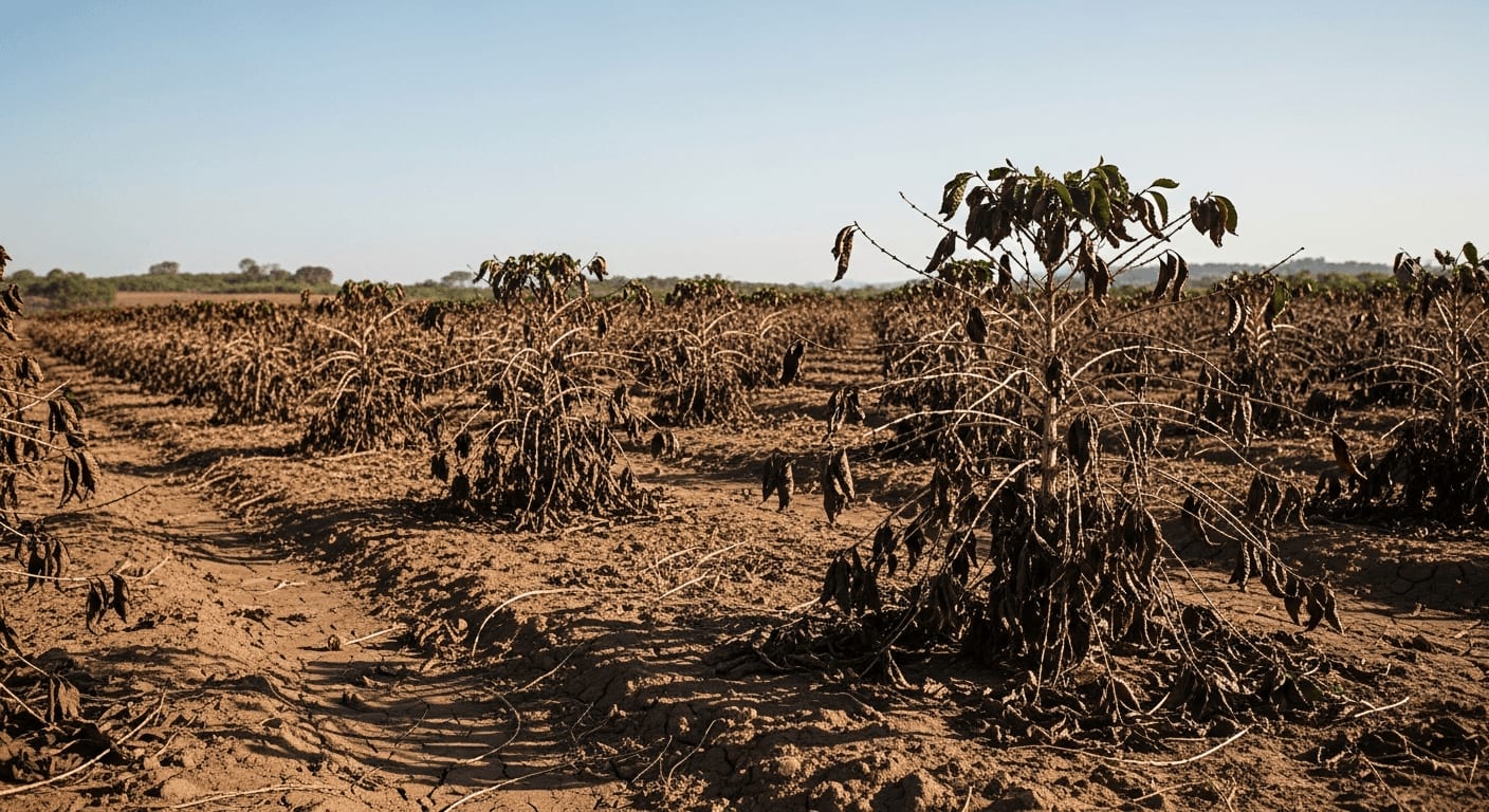 Eine trostlose Kaffeefarm mit verdorrten Pflanzen unter einer sengenden Sonne, die die Auswirkungen des Klimawandels auf die Kaffeeproduktion symbolisiert, Weitwinkelobjektiv