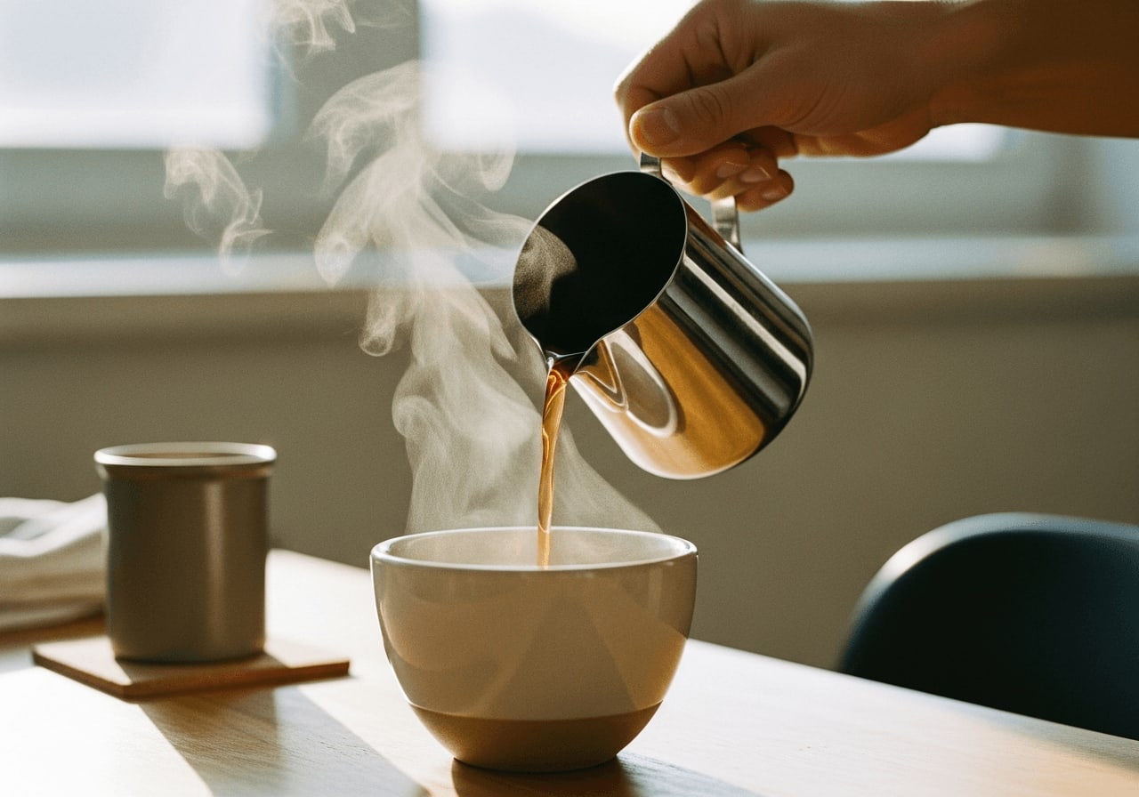 Eine Hand gießt frisch gebrühten Kaffee in eine Tasse, Dampf steigt auf, warme und einladende Szene, geringe Schärfentiefe, Bokeh-Hintergrund