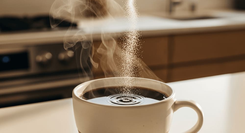 Dampfende Tasse Kaffee, in die Kollagenpulver gegossen wird, mit verschwommenem Hintergrund einer modernen Küche, weiches natürliches Licht.