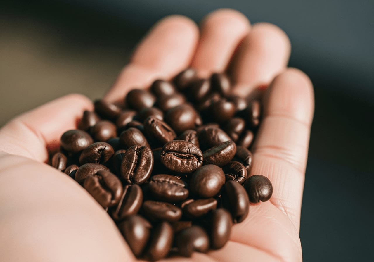Nahaufnahme einer Hand, die eine Handvoll gerösteter Kaffeebohnen hält, die ihre satte, dunkle Farbe und ölige Textur zeigt, weicher Fokus im Hintergrund.