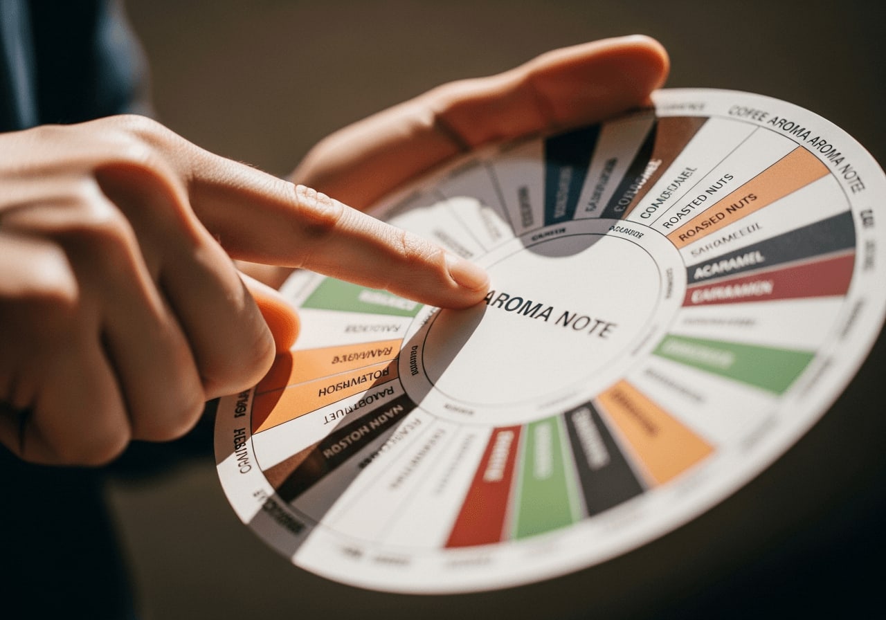 Nahaufnahme der Hand einer Person, die ein Kaffeearomarad hält und auf eine bestimmte Geschmacksnote zeigt, selektiver Fokus auf das Rad, verschwommener Hintergrund.