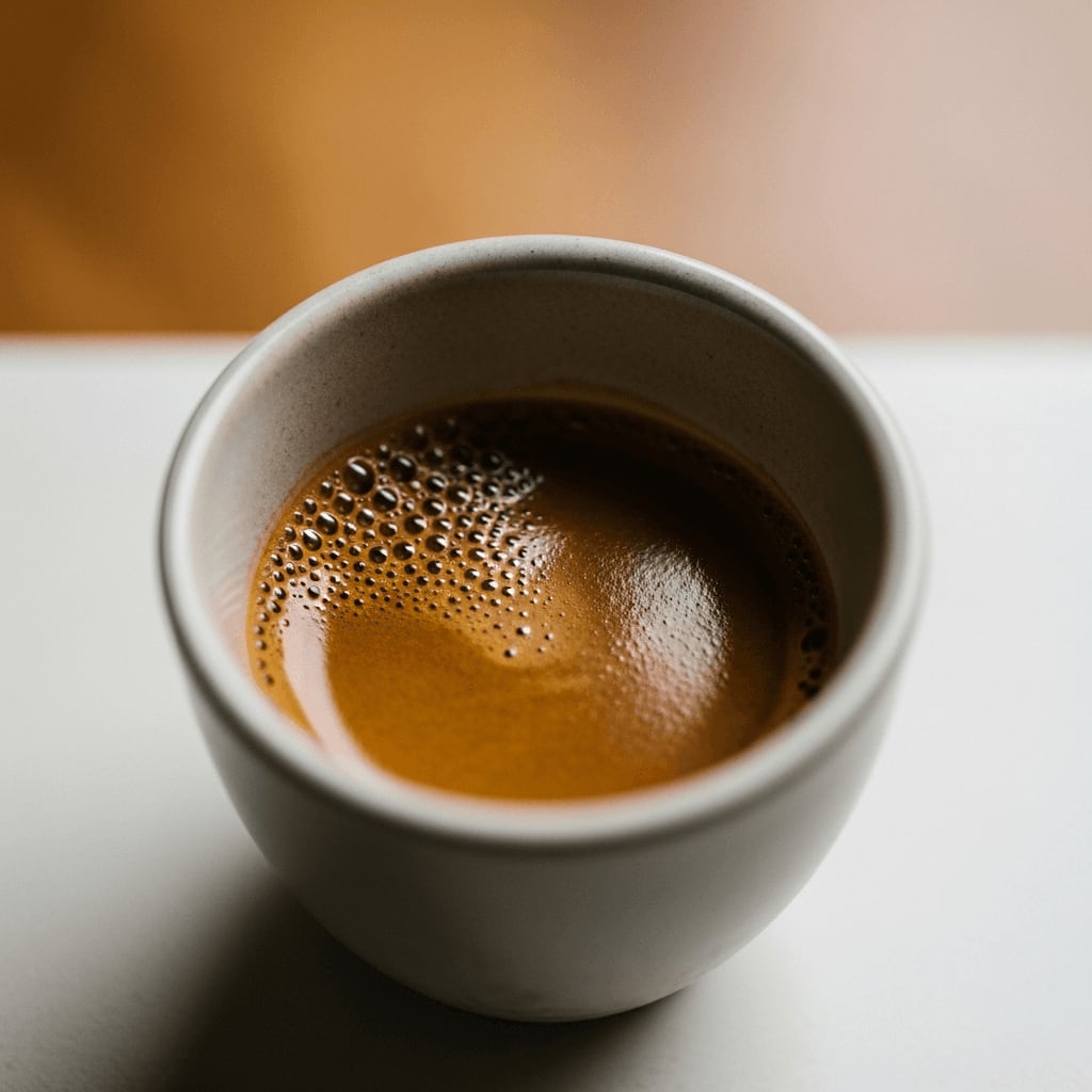 Espresso mit reichhaltiger, dunkler Crema, serviert in einer kleinen Keramiktasse, einfacher Hintergrund.