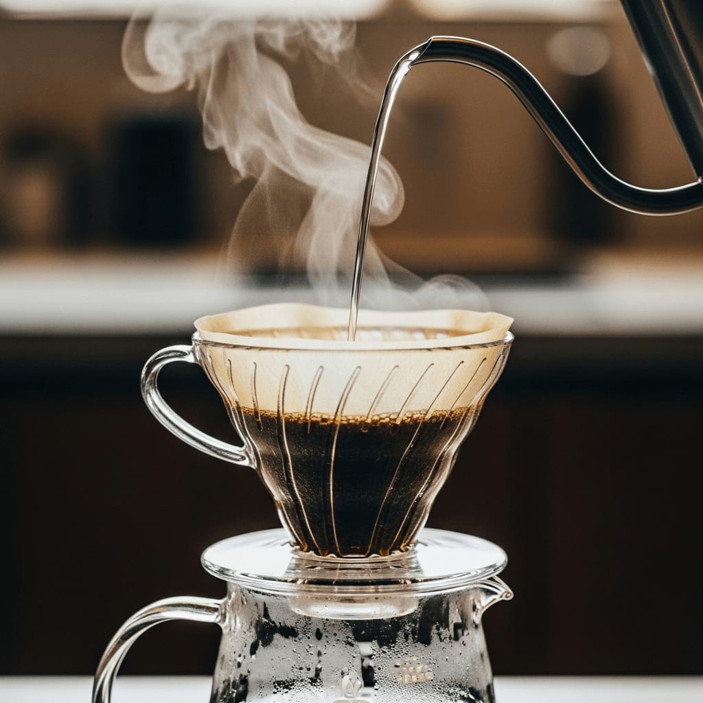 Pour-over Kaffee wird gebrüht, klare Glaskaraffe, die den Brühvorgang zeigt, natürliches Licht.