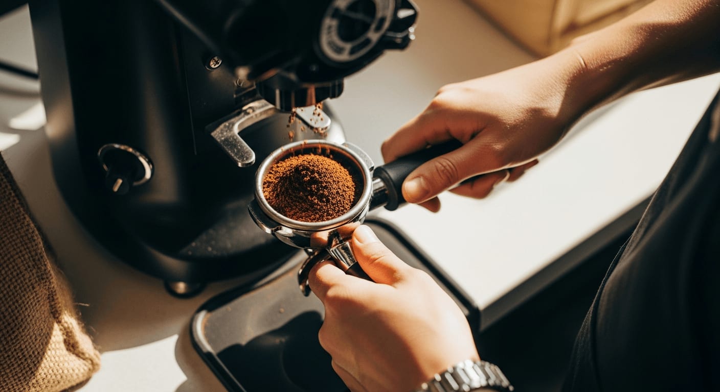 Top-down view of freshly ground coffee being dispensed from a smart grinder into a portafilter, highlighting the uniform texture and rich color, with a barista's hands carefully guiding the process.