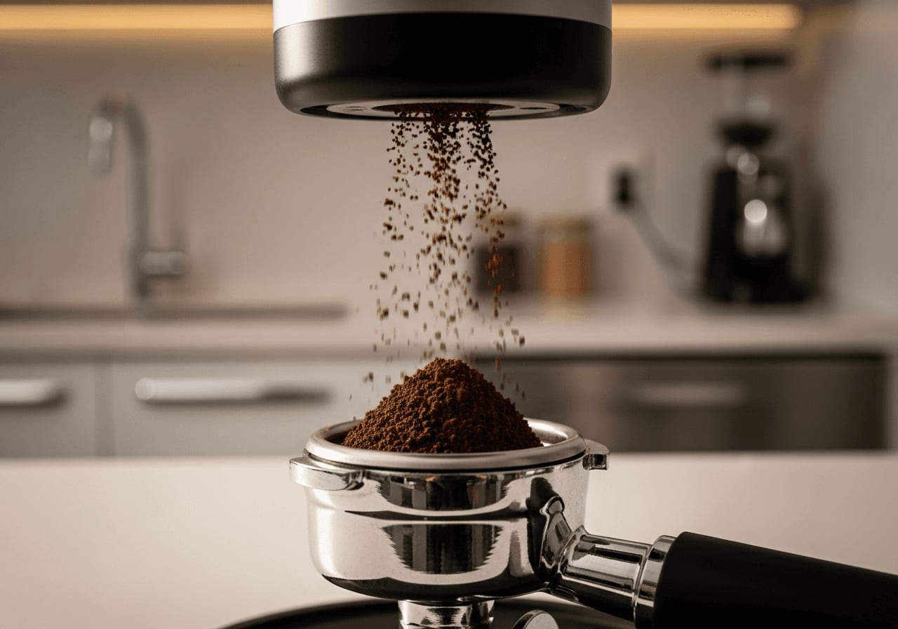 A minimalist close-up showing coffee grounds being dispensed from a smart grinder into a portafilter, emphasizing the texture and uniformity of the grind, set against a blurred background of a modern kitchen.