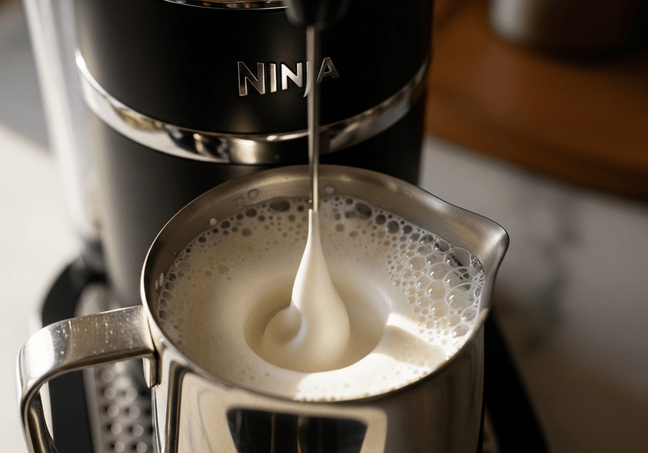 Detailansicht des Ninja Luxe Cafe Serie Milchaufschäumers in Aktion, der dicken Schaum erzeugt, geringe Schärfentiefe