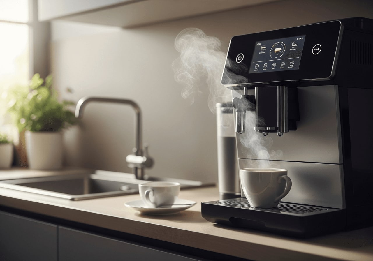 Moderne Küchentheke mit einer Hightech-Kaffeemaschine, Dampf steigt von einer frisch gebrühten Tasse auf, digitales Display leuchtet