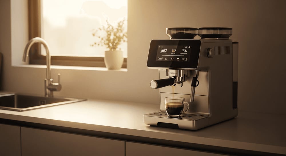 Eine elegante, moderne Kaffeemaschine mit einem digitalen Display, das Brühparameter anzeigt und die Integration von KI-Technologie hervorhebt.