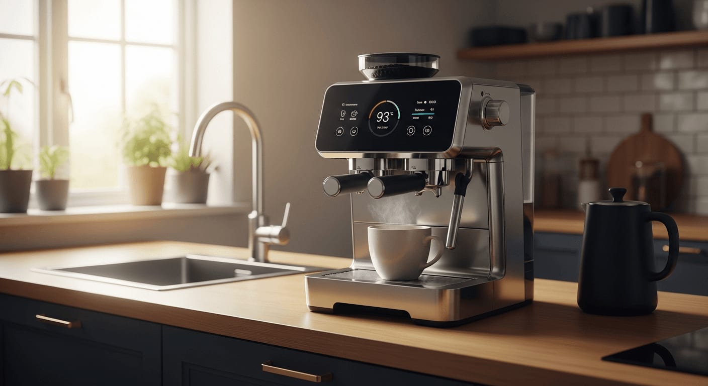 Elegante, moderne Kaffeemaschine mit digitalem Display, das Brühparameter anzeigt und die Integration von KI-Technologie hervorhebt.