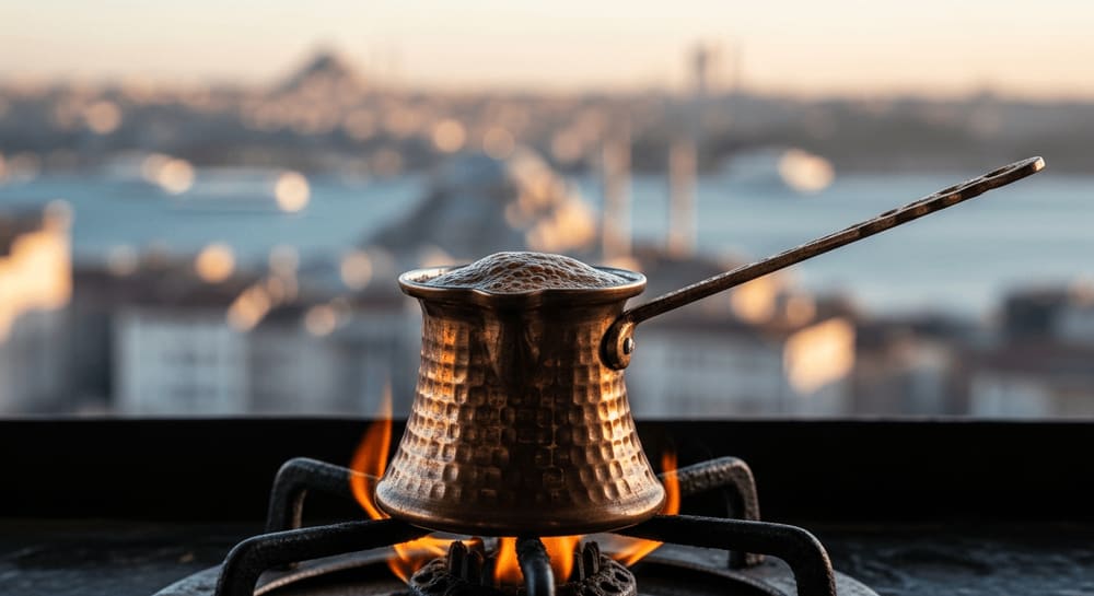 Aromatischer türkischer Kaffee, der in einer Kupfer-Cezve über einer niedrigen Flamme köchelt, mit einer reichhaltigen, schaumigen Oberfläche, vor dem Hintergrund der Skyline von Istanbul bei Sonnenuntergang.