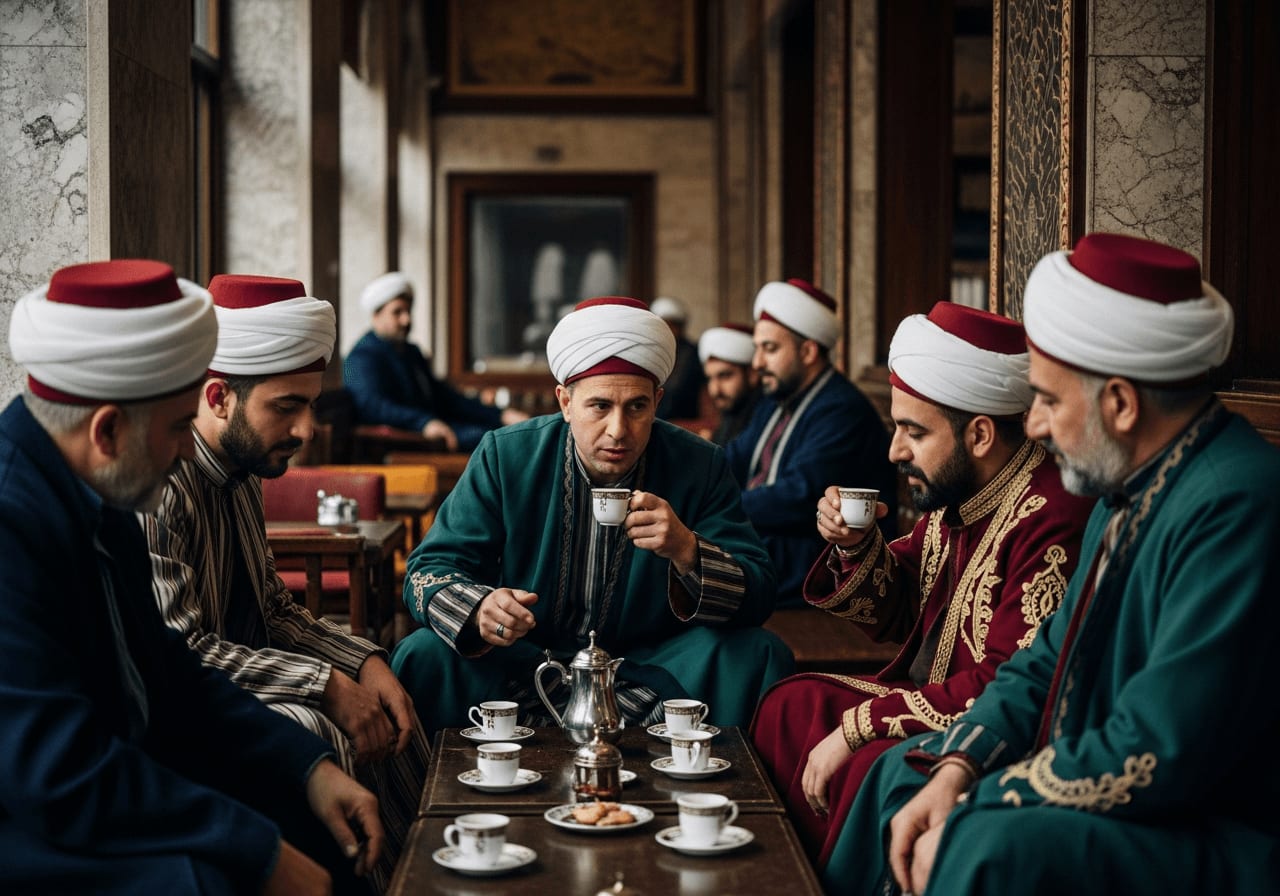 Eine Gruppe von Männern in traditioneller osmanischer Kleidung sitzt in einem historischen Istanbuler Kaffeehaus, trinkt türkischen Kaffee und unterhält sich.