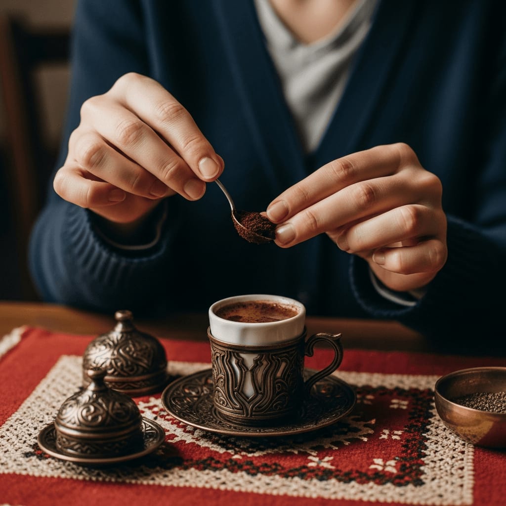 Eine Wahrsagerin untersucht den Kaffeesatz, der in einer traditionellen türkischen Kaffeetasse zurückgeblieben ist, mit Fokus auf ihre Hände und die Tasse, in einem gemütlichen, schwach beleuchteten Raum.