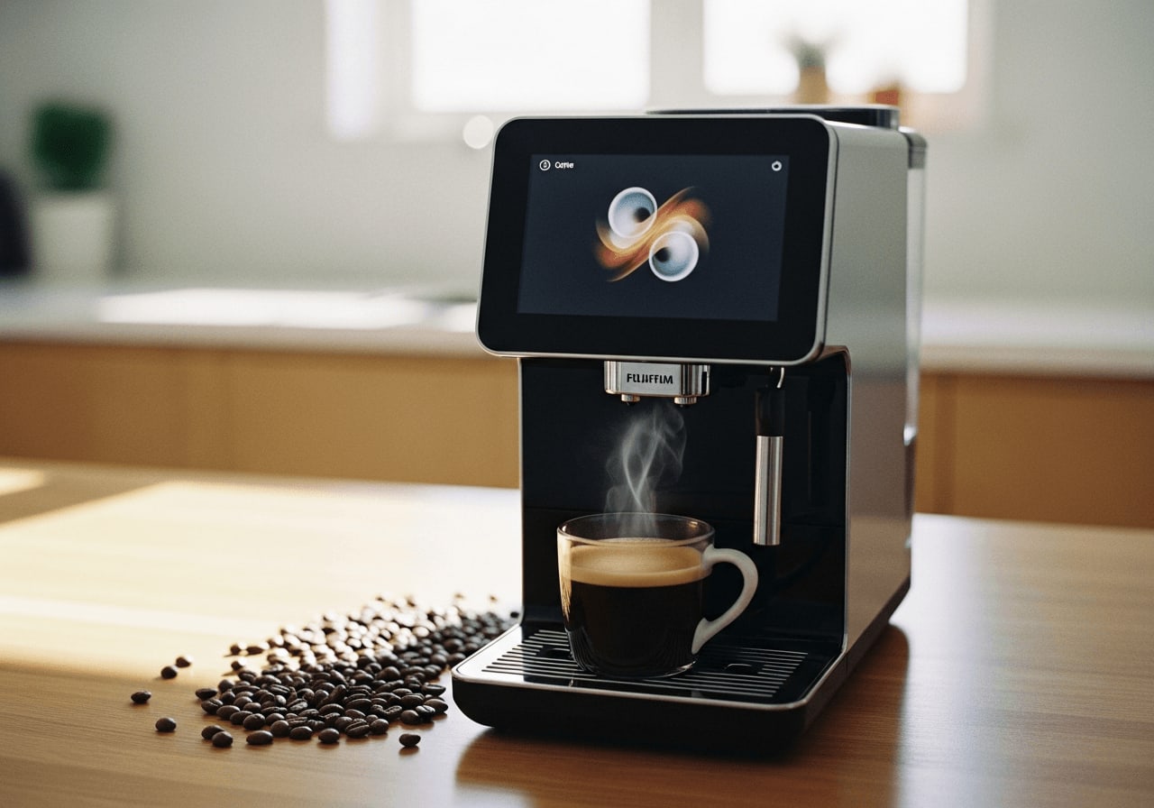 Eine elegante, futuristische, smarte Kaffeemaschine mit einem leuchtenden Touchscreen-Display, umgeben von Kaffeebohnen und einer Tasse frisch gebrühten Kaffees, minimalistische Küchenumgebung, weiches Morgenlicht