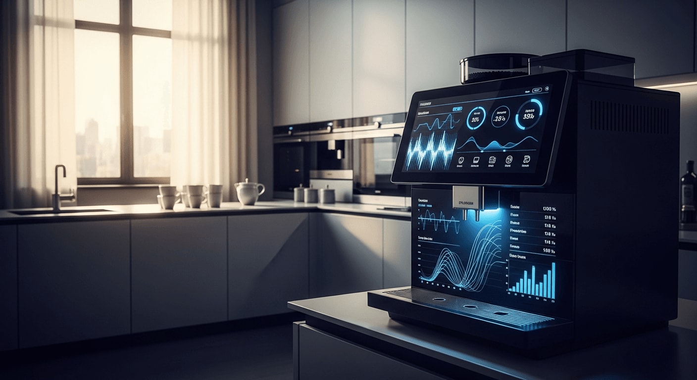Eine futuristische, minimalistische Küche mit einer eleganten, intelligenten Kaffeemaschine, die in einem sanften blauen Licht leuchtet und komplexe Datenvisualisierungen anzeigt, ruhige Atmosphäre
