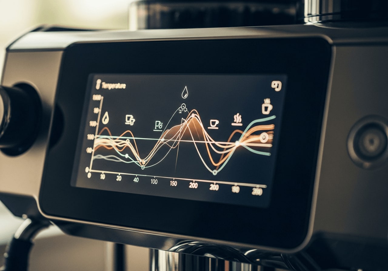 Nahaufnahme des digitalen Displays einer intelligenten Kaffeemaschine, das ein detailliertes Diagramm des Kaffeebrühprozesses zeigt, filigrane Details