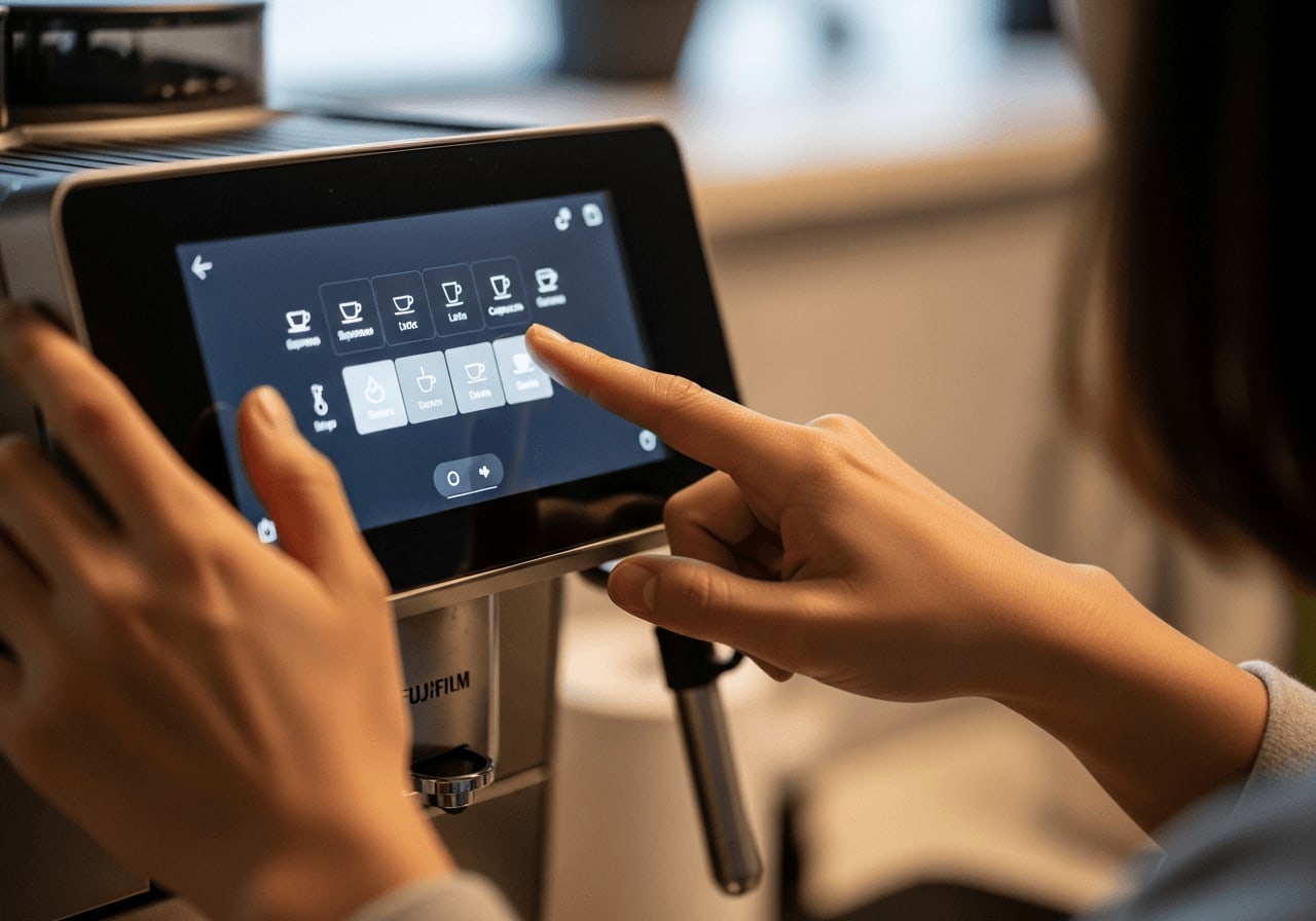 Nahaufnahme eines Benutzers, der mit dem Touchscreen-Display einer intelligenten Kaffeemaschine interagiert und Parameter anpasst, helles und klares Display
