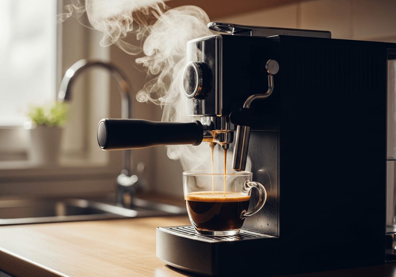 Eine intelligente Kaffeemaschine brüht eine Tasse Kaffee, Dampf steigt auf, perfekt beleuchtet, einladende Atmosphäre