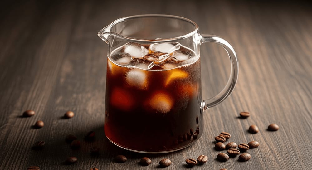 Glaskaraffe gefüllt mit Cold Brew Kaffee, Eiswürfel, Kaffeebohnen verstreut, dunkler Holzhintergrund