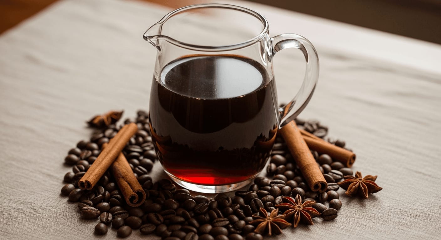 High-Angle Aufnahme einer Glaskaraffe gefüllt mit Cold Brew Kaffee, umgeben von Kaffeebohnen, Zimtstangen, Anissternen