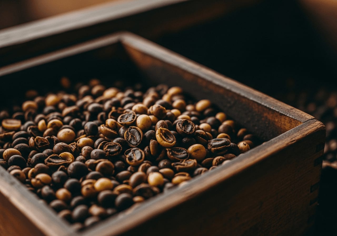 Nahaufnahme von Kaffeekirschen, die in einem Holzbehälter fermentieren, mit Blick auf die entpülpten Bohnen in rustikaler Umgebung