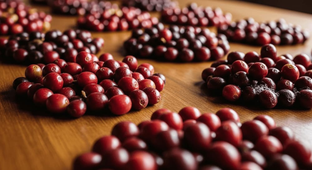 Kaffeekirschen in verschiedenen Stadien der Fermentation, auf einem großen Tisch ausgelegt, natürliches Licht, Aufnahme von oben