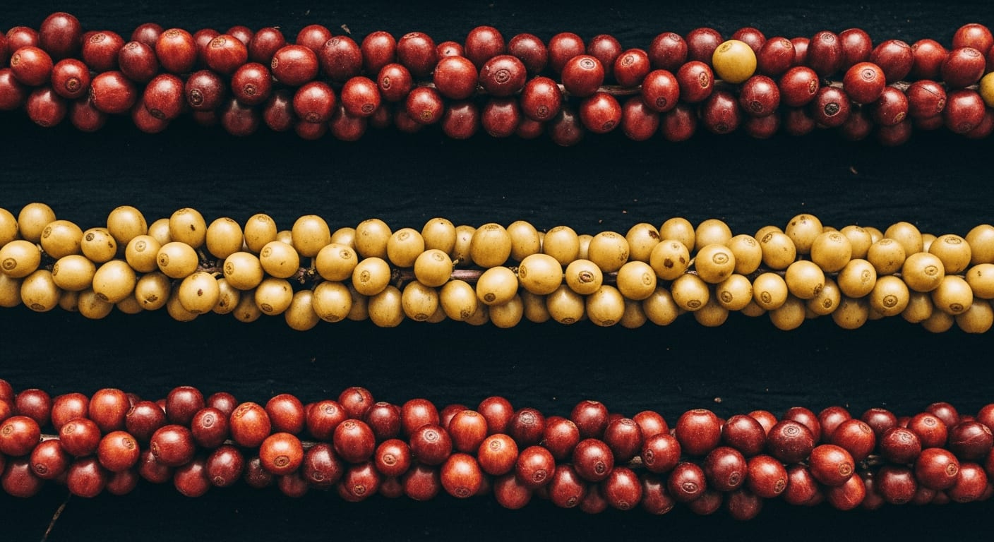 Kaffeekirschen in verschiedenen Stadien der Fermentation, in Reihen angeordnet, Aufnahme von oben, diffuses Sonnenlicht