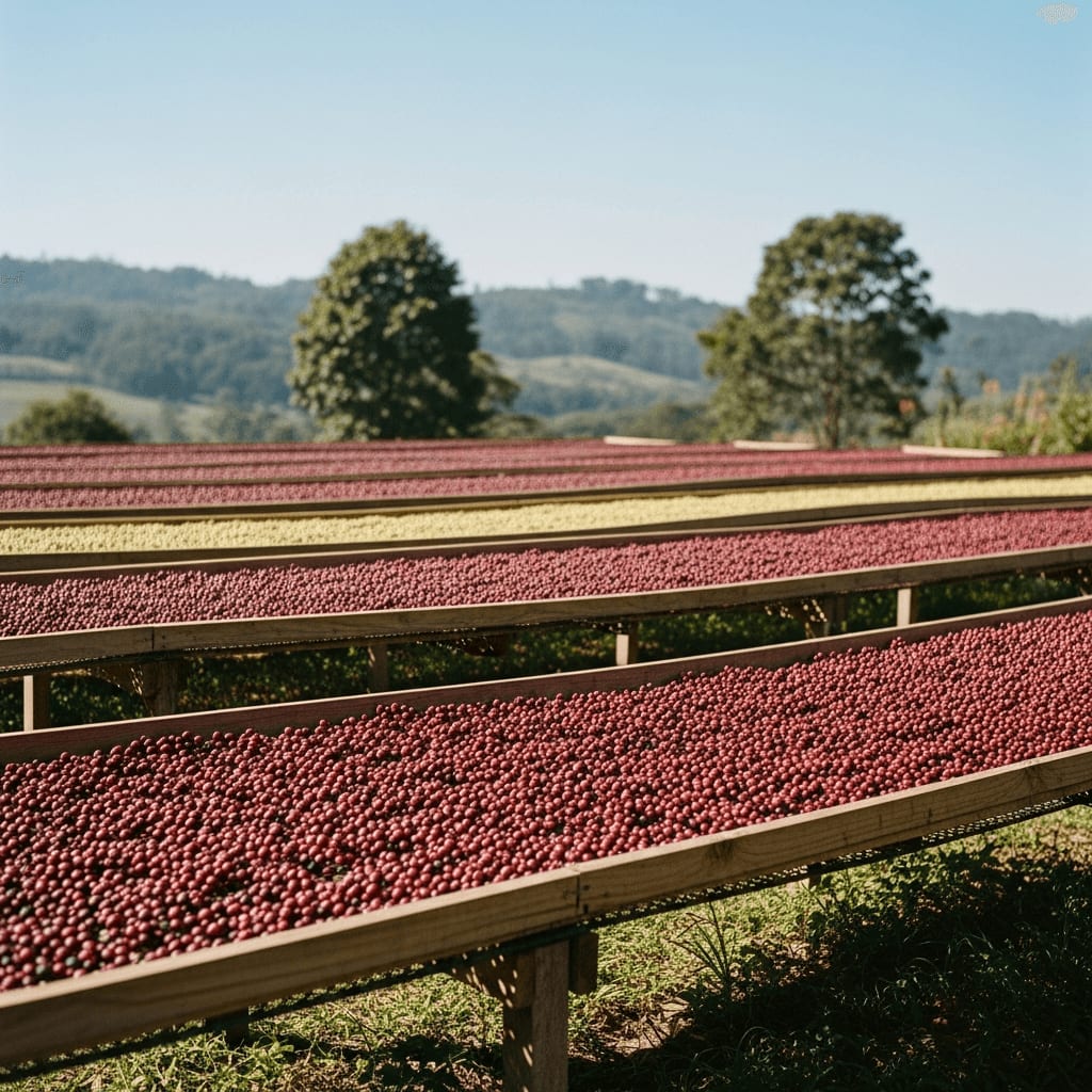 Kaffeekirschen, die in der Sonne auf Hochbeeten zur natürlichen Fermentation trocknen, Landschaftsansicht, sonniger Tag