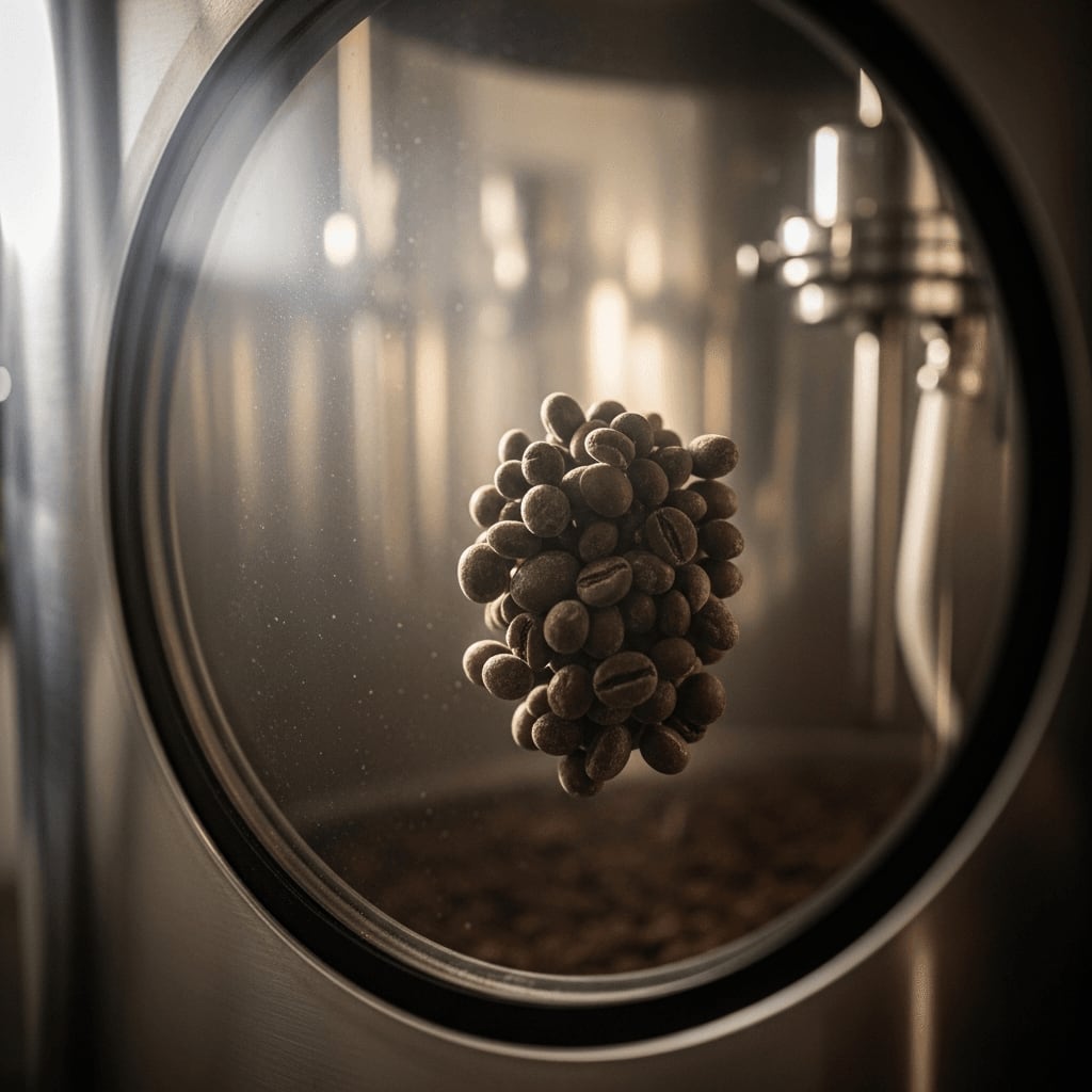 Kaffeebohnen in einem anaeroben Fermentationstank, Nahaufnahme der Bohnen, Edelstahltank, kontrollierte Umgebung