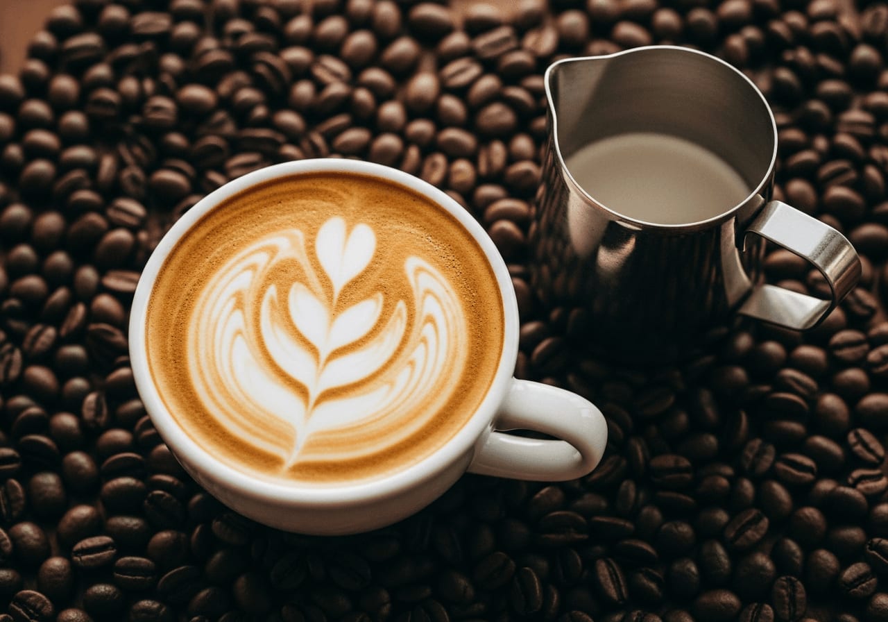 Draufsicht eines Cappuccinos in einer weißen Keramiktasse, umgeben von Kaffeebohnen und einem kleinen Milchkännchen