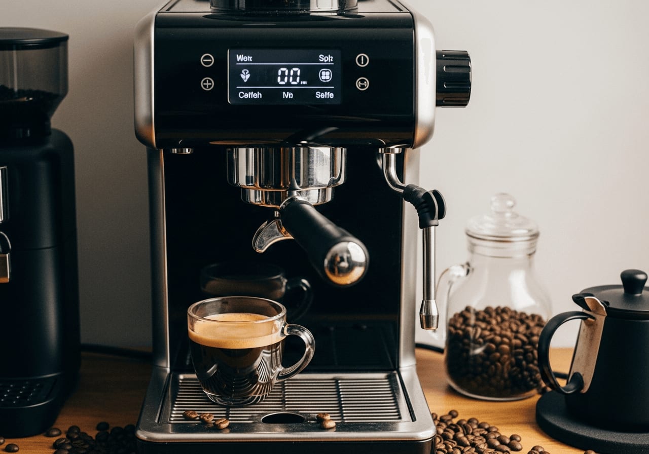 Smarte Kaffeemaschine mit digitalem Display, umgeben von Kaffeebohnen und einer Tasse Kaffee