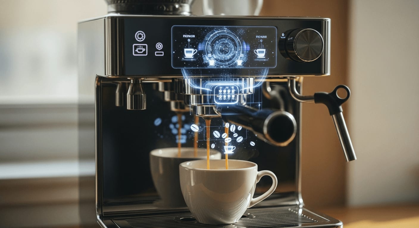 Eine futuristische smarte Kaffeemaschine mit holografischem Display, die eine Tasse Kaffee brüht, sanfte Beleuchtung, High-Tech-Ästhetik