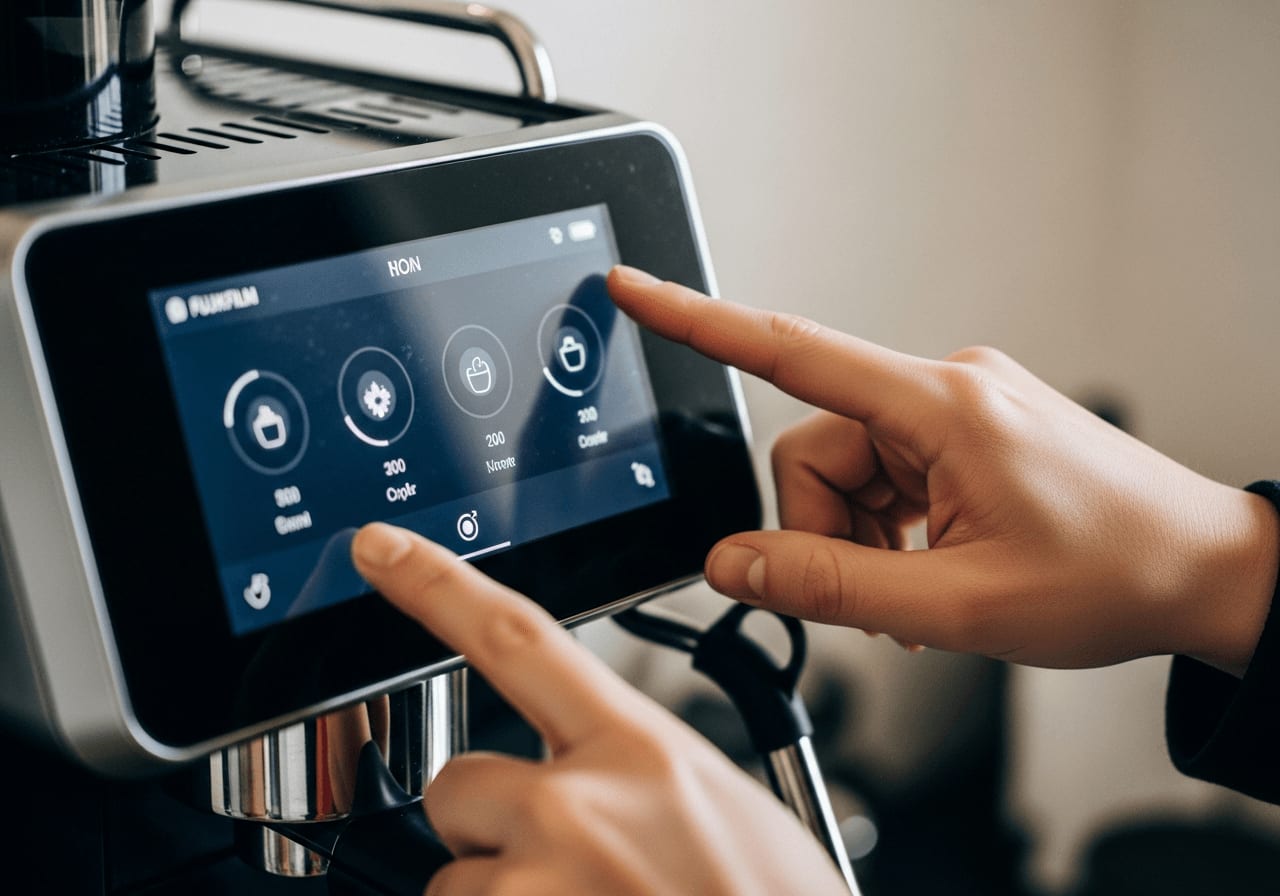 Hände, die Einstellungen auf dem Touchscreen einer intelligenten Kaffeemaschine anpassen, Nahaufnahme, Fokus auf dem Bildschirm